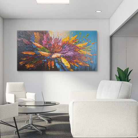 Leinwandbild handgemalt mit Acrylfarbe und Strukturpaste im Panorama, Tanz der Farben, 60x120 mit Bilderrahmen in Schwarz