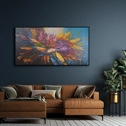 Leinwandbild handgemalt mit Acrylfarbe und Strukturpaste im Panorama, Tanz der Farben, 100x200 mit Bilderrahmen in Eiche Hell