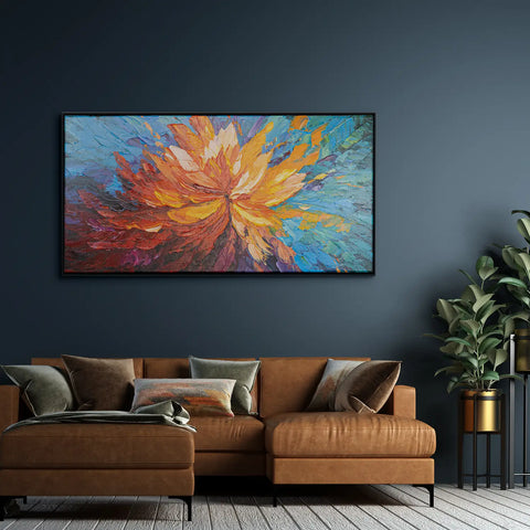Leinwandbild handgemalt mit Acrylfarbe und Strukturpaste im Panorama, Balance im Chaos, 100x200 mit Bilderrahmen in Eiche Hell