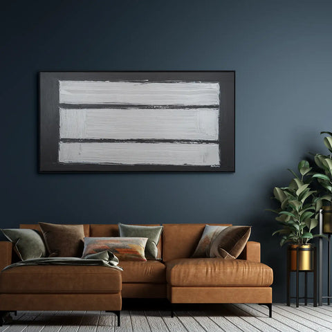 Leinwandbild handgemalt Gemälde mit Acrylfarbe und Strukturpaste im Panorama, Reflexion, 200x100 mit Bilderrahmen in Eiche Hell