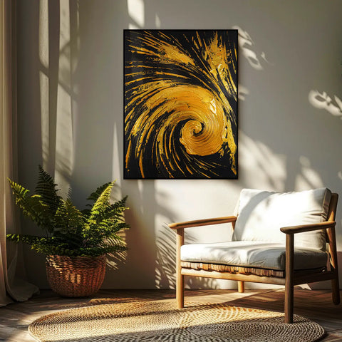 Leinwandbild handgemalt mit Acrylfarbe und Strukturpaste im Hochformat, Der Fall des Glanzes, 150x200 mit Bilderrahmen in Eiche Hell