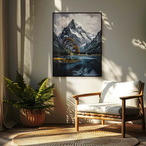 Leinwandbild handgemalt mit Acrylfarbe und Strukturpaste im Hochformat, Zwischen Berg und See, 150x200 mit Bilderrahmen in Eiche Hell