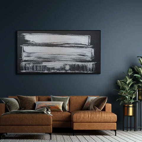 Leinwandbild handgemalt Gemälde mit Acrylfarbe und Strukturpaste im Panorama, Klang des Metalls, 200x100 mit Bilderrahmen in Eiche Hell