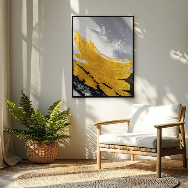 Leinwandbild handgemalt mit Acrylfarbe und Strukturpaste im Hochformat, Goldene Reflexionen, 150x200 mit Bilderrahmen in Eiche Hell