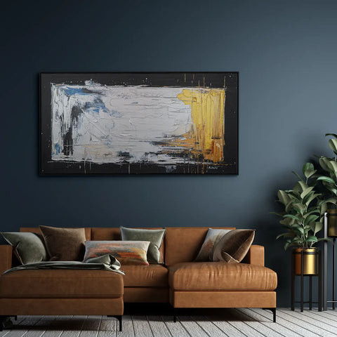 Leinwandbild handgemalt Gemälde mit Acrylfarbe und Strukturpaste im Panorama, Verschmelzen der Elemente, 200x100 mit Bilderrahmen in Eiche Hell