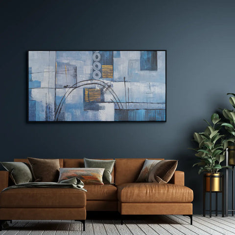 Leinwandbild handgemalt mit Acrylfarbe und Strukturpaste im Panorama, Wege der Intuition, 100x200 mit Bilderrahmen in Eiche Hell