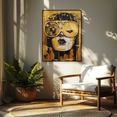 Leinwandbild handgemalt mit Acrylfarbe und Strukturpaste im Hochformat, Die Zukunft traegt Gold, 150x200 mit Bilderrahmen in Eiche Hell