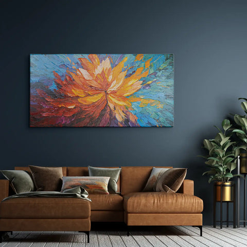 Leinwandbild handgemalt mit Acrylfarbe und Strukturpaste im Panorama, Balance im Chaos, 60x120 mit Bilderrahmen in Eiche Dunkel