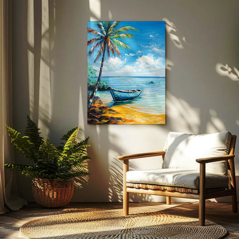 Leinwandbild handgemalt mit Acrylfarbe und Strukturpaste im Hochformat, Flucht in die Stille, 75x100 mit Bilderrahmen in Eiche Dunkel