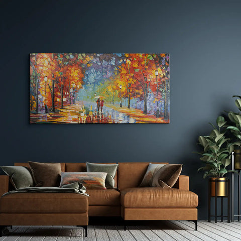 Leinwandbild handgemalt mit Acrylfarbe und Strukturpaste im Panorama, Der Weg des Lichts, 60x120 mit Bilderrahmen in Eiche Dunkel