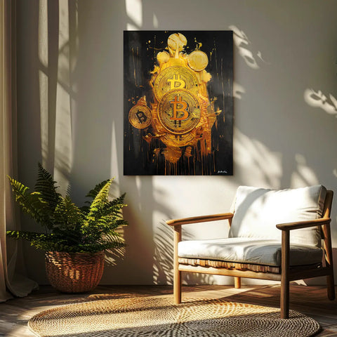 Leinwandbild handgemalt mit Acrylfarbe und Strukturpaste im Hochformat, Goldene Illusionen, 75x100 mit Bilderrahmen in Eiche Dunkel