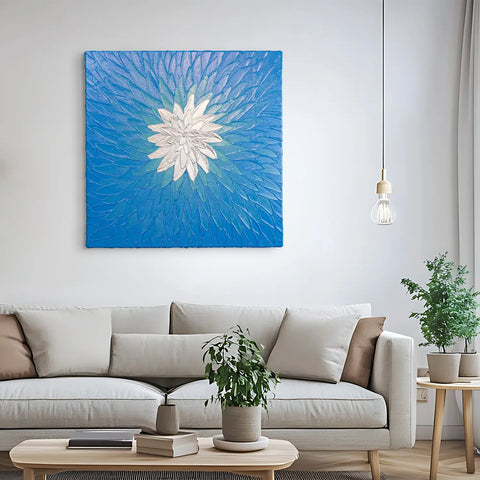 Leinwandbild handgemalt mit Acrylfarbe und Strukturpaste im Quadratisch, Geist der Freiheit, 80x80 mit Bilderrahmen in Eiche Dunkel