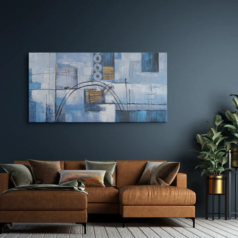 Leinwandbild handgemalt mit Acrylfarbe und Strukturpaste im Panorama, Wege der Intuition, 60x120 mit Bilderrahmen in Eiche Dunkel