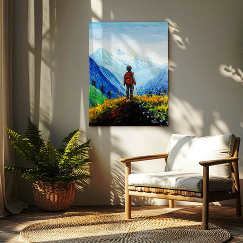 Leinwandbild handgemalt mit Acrylfarbe und Strukturpaste im Hochformat, Die Reise, 75x100 mit Bilderrahmen in Eiche Dunkel