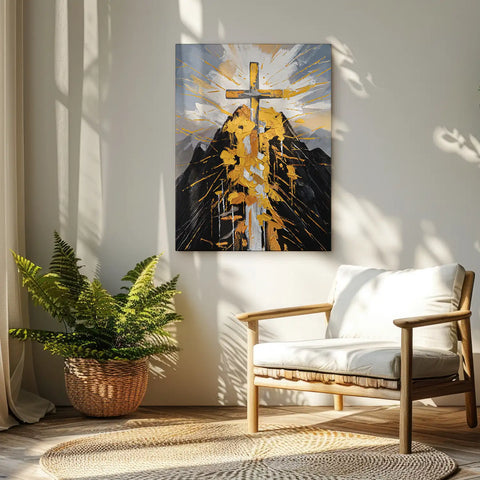 Leinwandbild handgemalt mit Acrylfarbe und Strukturpaste im Hochformat, Berg der Vergebung, 75x100 mit Bilderrahmen in Eiche Dunkel