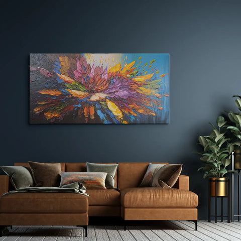 Leinwandbild handgemalt mit Acrylfarbe und Strukturpaste im Panorama, Tanz der Farben, 60x120 mit Bilderrahmen in Eiche Dunkel