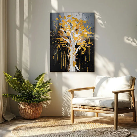 Leinwandbild handgemalt mit Acrylfarbe und Strukturpaste im Hochformat, Golden Leaves, 75x100 mit Bilderrahmen in Eiche Dunkel
