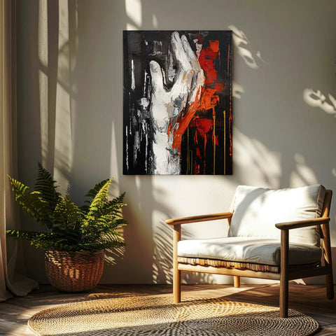 Leinwandbild handgemalt mit Acrylfarbe und Strukturpaste im Hochformat, Flamme des Willens, 75x100 mit Bilderrahmen in Eiche Dunkel