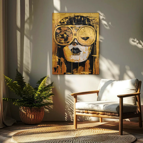 Leinwandbild handgemalt mit Acrylfarbe und Strukturpaste im Hochformat, Die Zukunft traegt Gold, 75x100 mit Bilderrahmen in Eiche Dunkel