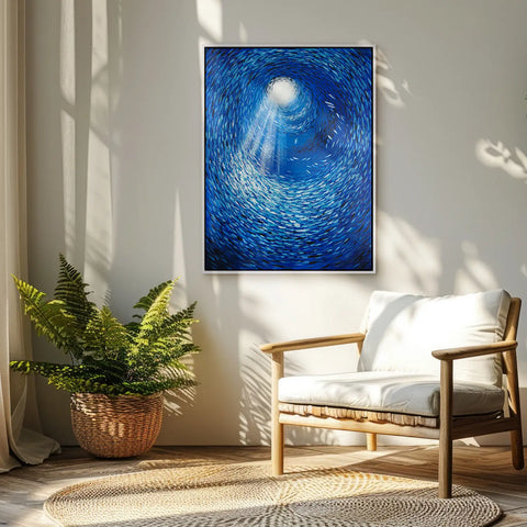 Leinwandbild handgemalt mit Acrylfarbe und Strukturpaste im Hochformat, Tiefen der Stille, 120x160 mit Bilderrahmen in Weiß