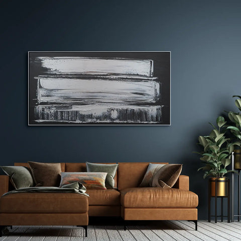 Leinwandbild handgemalt Gemälde mit Acrylfarbe und Strukturpaste im Panorama, Klang des Metalls, 160x80 mit Bilderrahmen in Weiß