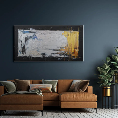 Leinwandbild handgemalt Gemälde mit Acrylfarbe und Strukturpaste im Panorama, Verschmelzen der Elemente, 160x80 mit Bilderrahmen in Weiß