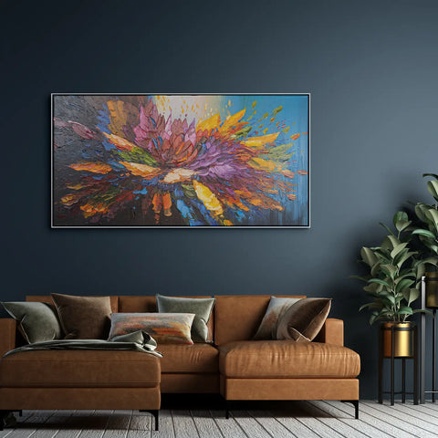 Leinwandbild handgemalt mit Acrylfarbe und Strukturpaste im Panorama, Tanz der Farben, 80x160 mit Bilderrahmen in Weiß