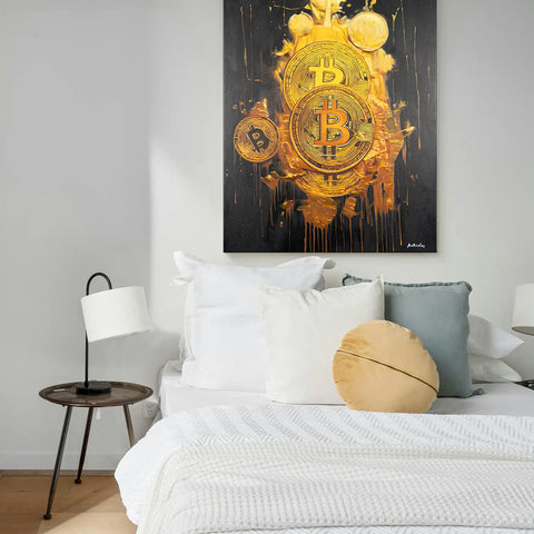 Leinwandbild handgemalt mit Acrylfarbe und Strukturpaste im Hochformat, Goldene Illusionen, 60x80 mit Bilderrahmen in Eiche Hell