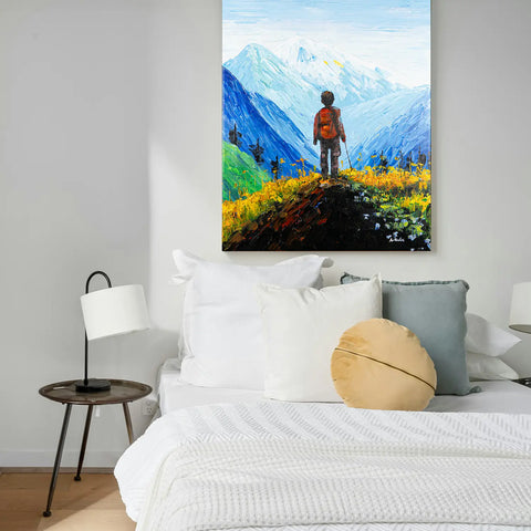 Leinwandbild handgemalt mit Acrylfarbe und Strukturpaste im Hochformat, Die Reise, 60x80 mit Bilderrahmen in Eiche Hell