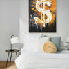 Leinwandbild handgemalt mit Acrylfarbe und Strukturpaste im Hochformat, Dollar, 60x80 mit Bilderrahmen in Eiche Hell