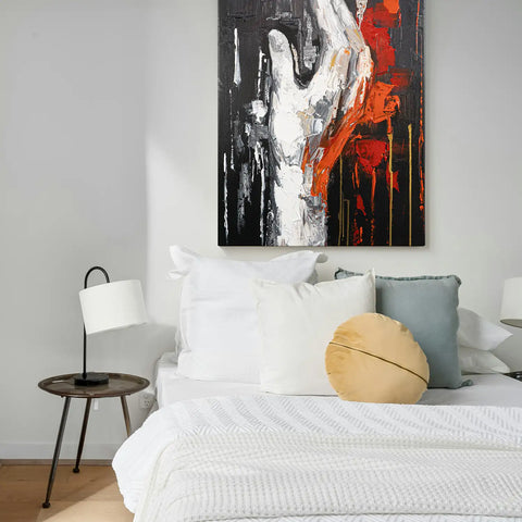 Leinwandbild handgemalt mit Acrylfarbe und Strukturpaste im Hochformat, Flamme des Willens, 60x80 mit Bilderrahmen in Eiche Hell