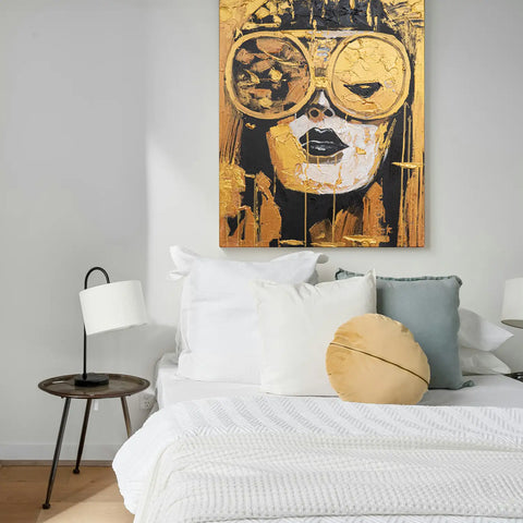 Leinwandbild handgemalt mit Acrylfarbe und Strukturpaste im Hochformat, Die Zukunft traegt Gold, 60x80 mit Bilderrahmen in Eiche Hell