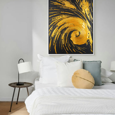 Leinwandbild handgemalt mit Acrylfarbe und Strukturpaste im Hochformat, Der Fall des Glanzes, 90x120 mit Bilderrahmen in Schwarz