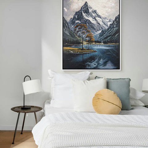 Leinwandbild handgemalt mit Acrylfarbe und Strukturpaste im Hochformat, Zwischen Berg und See, 90x120 mit Bilderrahmen in Schwarz
