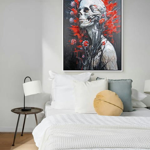 Leinwandbild handgemalt mit Acrylfarbe und Strukturpaste im Hochformat, Wo das Fleisch verstummt, 90x120 mit Bilderrahmen in Schwarz